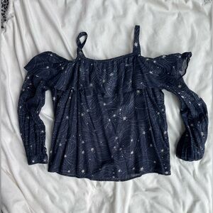 Navy Star-Print Off-Shoulder Blouse with Ruffle Trim
